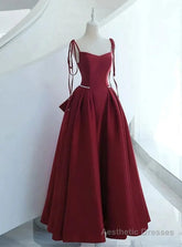 Burgundy Satin Spaghetti Straps Bow Prom Dress